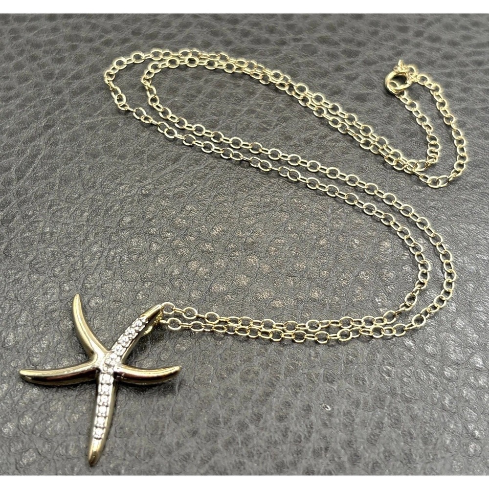 FAS Vermeil Sterling Silver Diamond Chip Starfish Sea Beach Pendant Necklace
